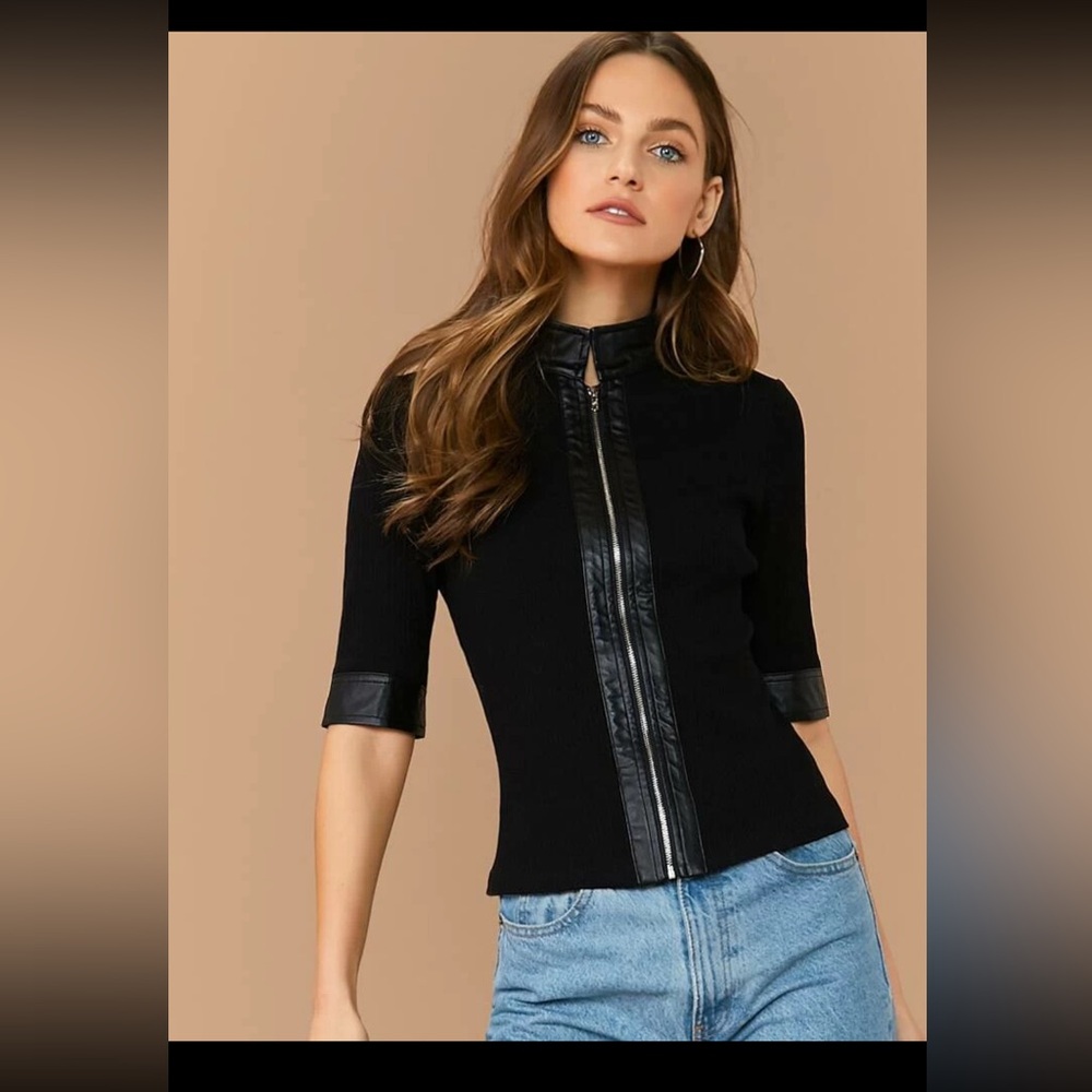 Faux Leather Trim Zip Front Short Sleeve Top
